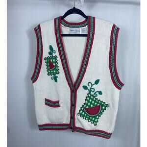 VTG Sharon Young watermelon picnic Sweater VEST large white red green Americana